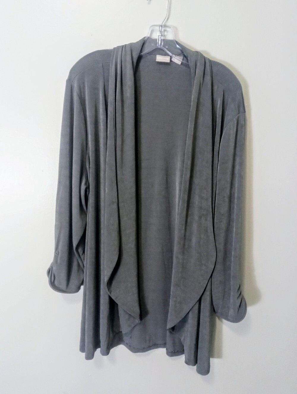 Chicos Travelers Silver Gray Slinky (4/ 2XL) Open-Front Draped Cardigan Sweater